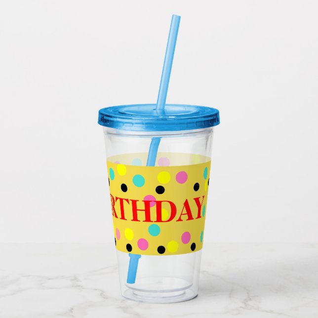 Birthday Pink Blue Yellow Polka Dots Acrylic Tumbler (Back)
