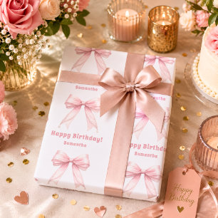Birthday pink bow white girl wrapping paper