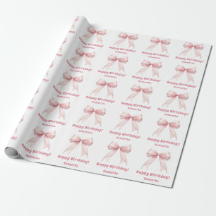 Birthday pink bow white girl wrapping paper