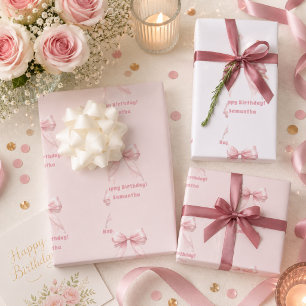 Birthday pink bow white girl wrapping paper sheet