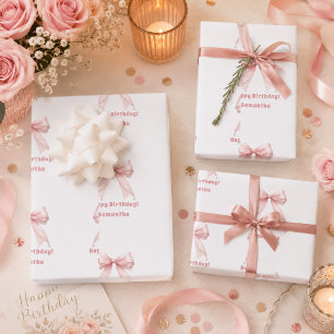 Birthday pink bow white girl wrapping paper sheet