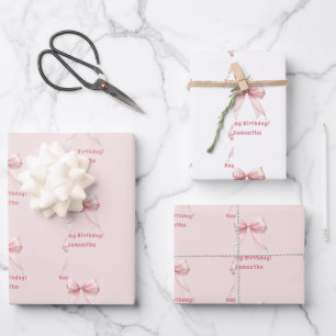 Birthday pink bow white girl wrapping paper sheet