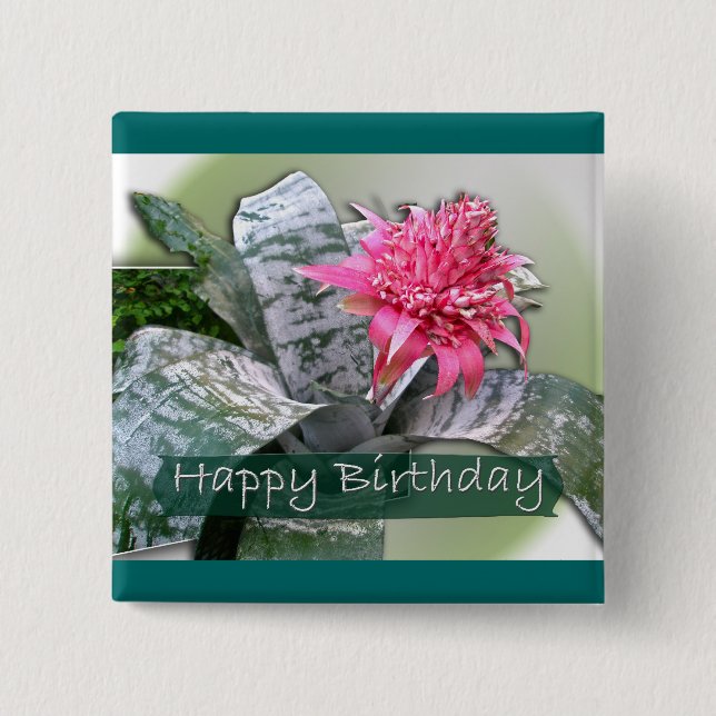 Birthday Pink Bromeliad 2 Inch Square Button (Front)