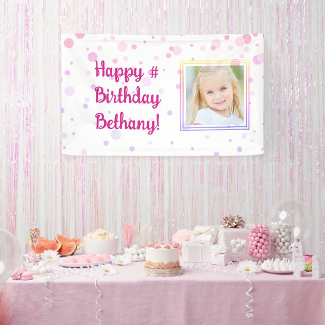 Birthday Pink Confetti Dots Photo Personalized Banner (Party)