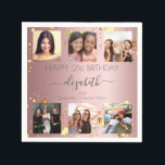Birthday pink custom photo collage friends  napkin<br><div class="desc">For a woman's 21st (or any age) birthday, celebrating her life with a collage of 6 of your high quality photos of her, her friends, family, interest or pets. Personalize and add her name, age 21 and your names. Grey text. A girly and feminine pink, dusty rose background colour. Her...</div>