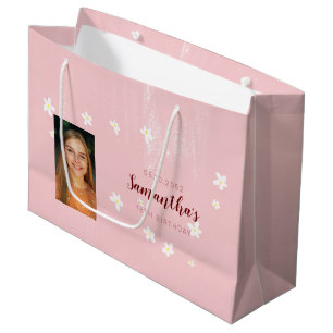 Birthday Pink Floral Girly Simple Custom Photo  Large Gift Bag