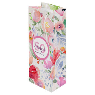 Birthday pink florals monogram name wine gift bag