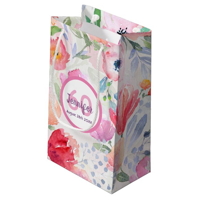 Birthday pink florals monogram small gift bag (Back Angled)