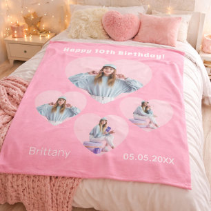 Birthday pink name age photo heart collage girl fleece blanket