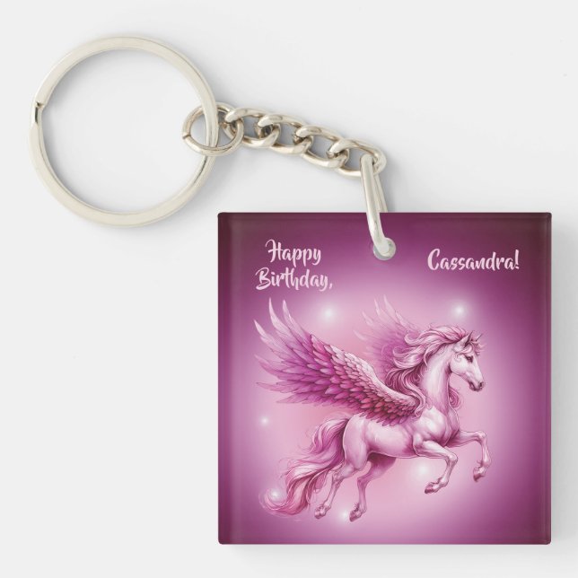 Birthday Pink Pegasus Fantasy Design Keychain (Front)