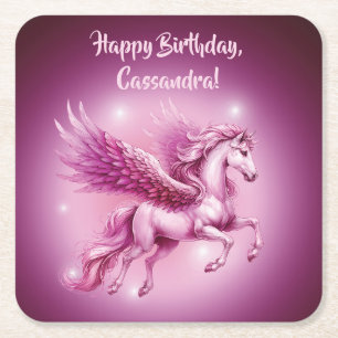 Birthday Pink Pegasus Fantasy Design Square Paper Coaster
