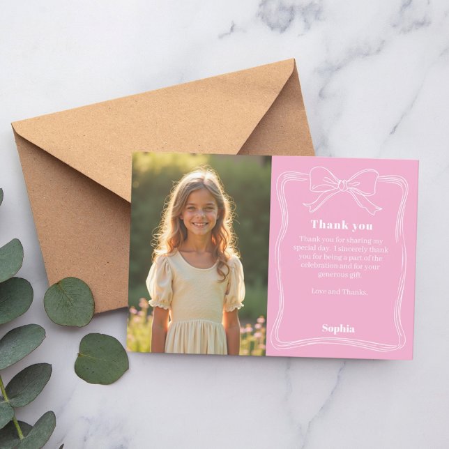 Birthday pink photo girl bow thank you card (Creator Uploaded)