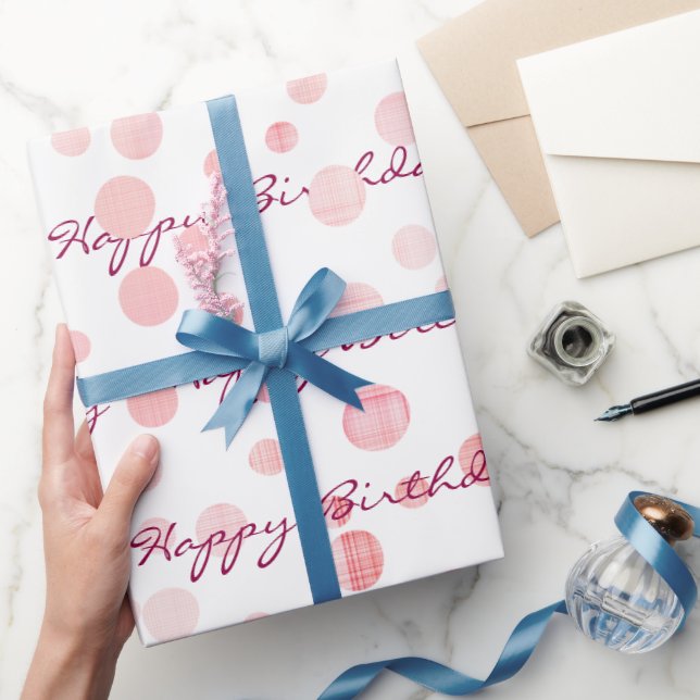 Birthday Pink Plaid Dots On White     Wrapping Paper (Gifting)