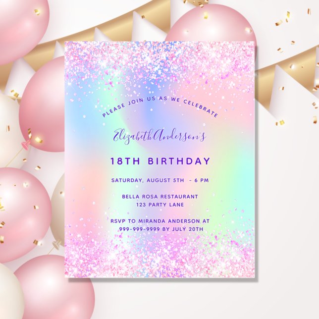 Birthday pink purple glitter budget invitation flyer (Creator Uploaded)