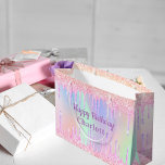 Birthday pink purple glitter drips holographic large gift bag<br><div class="desc">A gift bag for a girly and glamourous 21st (or any age) birthday.  A rainbow,  unicorn holographic coloured background in pink,  purple and rose gold with faux glitter drips,  paint dripping look. Trendy block letters and the text: happy birthday. Personalize and add a name.</div>