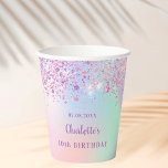 Birthday pink purple glitter holographic name paper cups<br><div class="desc">For a girly 10th (or any age) birthday party.  A holographic,  rainbow colored background in pink,  purple,  rose gold and mint green decorated with purple  and pink faux glitter dust. Personalize and add a date name and age 21.  Purple letters.</div>