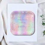 Birthday pink purple glitter holographic name paper plate<br><div class="desc">A girly trendy iridescent background with unicorn and rainbow pastel colours in pink,  purple,  rose gold,  mint green. Decorated with faux glitter dust.  Personalize and add a name and age.  The word birthday is written with a modern hand lettered style script.</div>