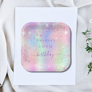 Birthday pink purple glitter holographic name paper plate