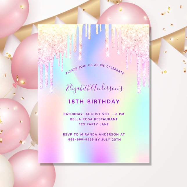 Birthday pink purple holographic invitation (Creator Uploaded)