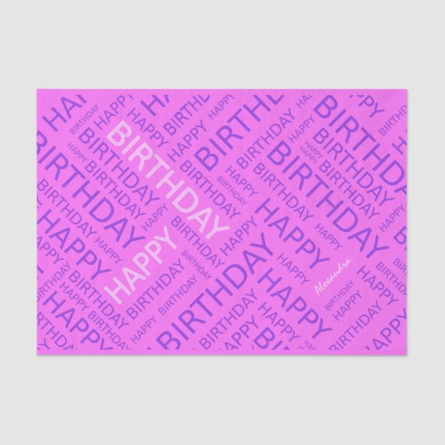 Birthday pink purple typographic personalized tissue paper (Front)