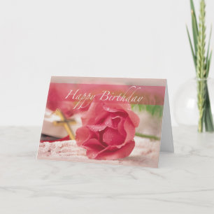 Birthday Pink Rose, Cross, Religious Card