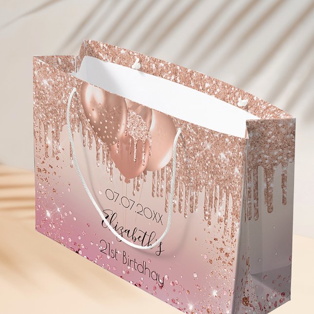 Birthday pink rose gold glitter drip balloons large gift bag (Creator Uploaded)