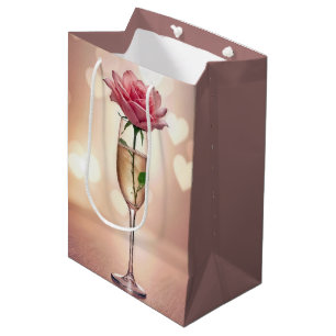 Birthday Pink Rose In Champagne Flute Medium Gift Bag
