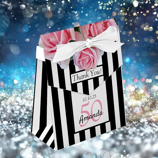 Birthday pink roses black white stripes favor box (Creator Uploaded)