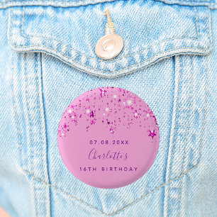 Birthday pink sparkle custom monogram 1 inch round button