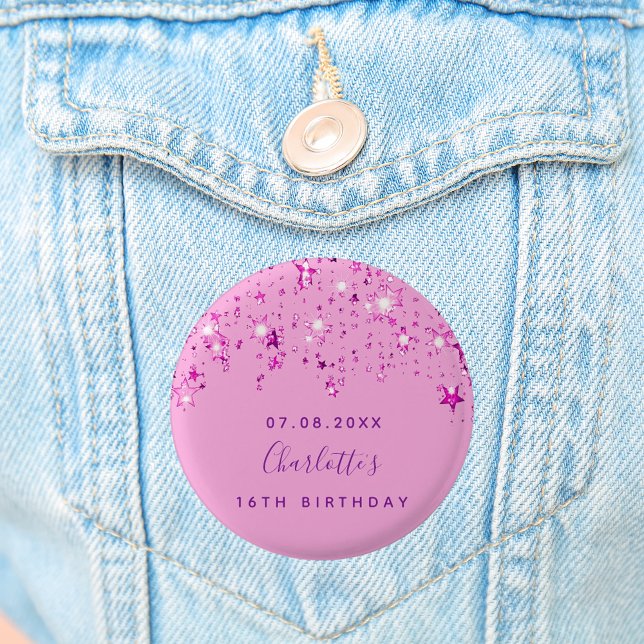 Birthday pink sparkle custom monogram 1 inch round button (Creator Uploaded)