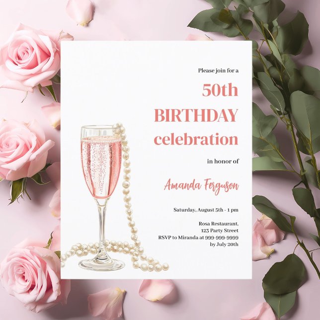 Birthday pink sparkling wine pearls invirtation (Creator Uploaded)