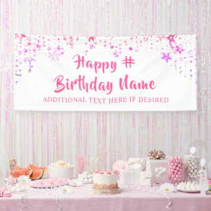 Birthday Pink Stars Brush Script Personalized Banner