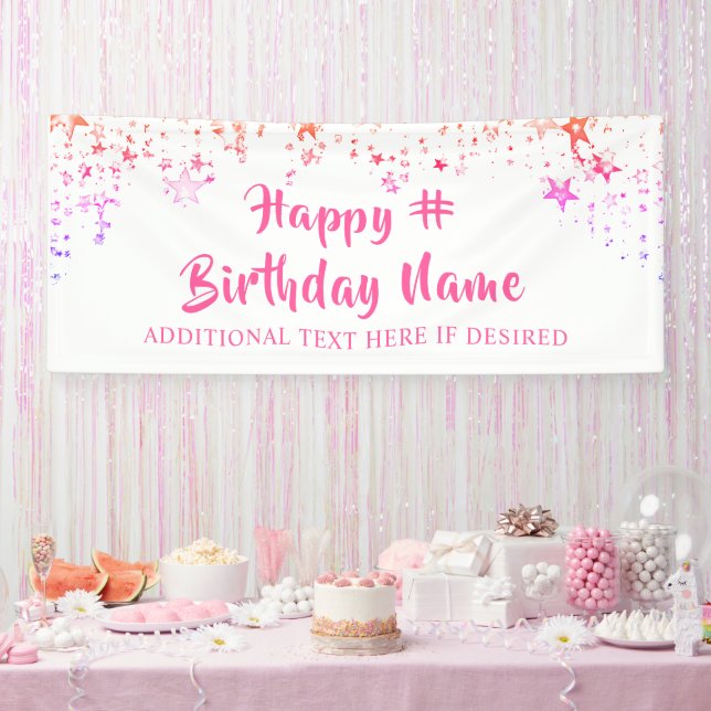 Birthday Pink Stars Brush Script Personalized Banner (Party)