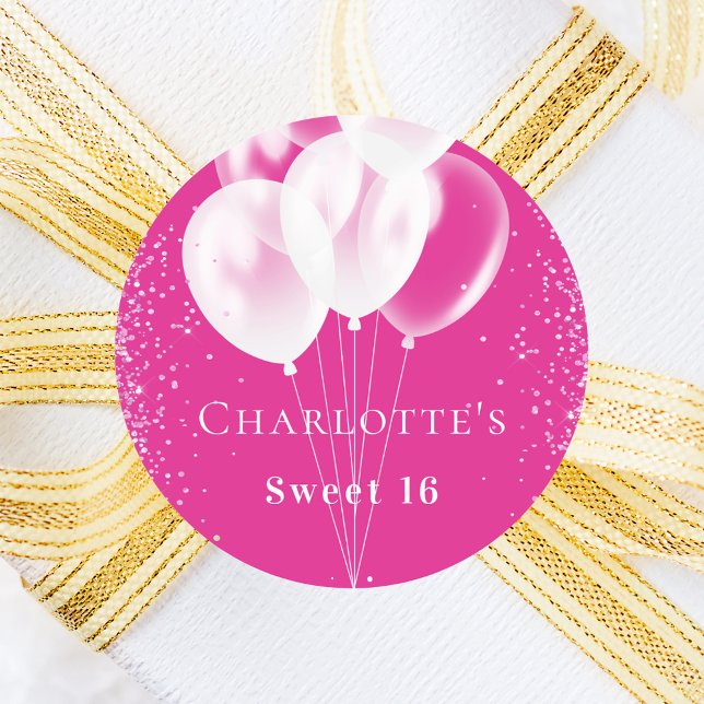 Birthday pink white balloons girl classic round sticker (Creator Uploaded)