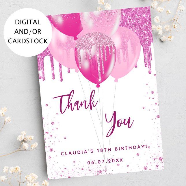 Birthday pink white balloons thank you card (Creator Uploaded)