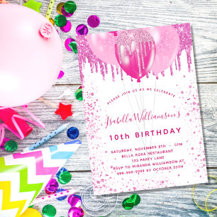 Birthday pink white glitter girl balloons party invitation