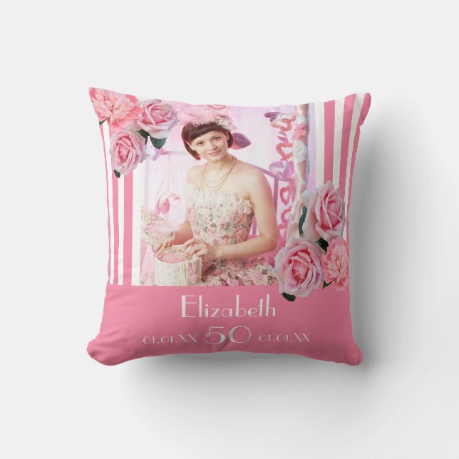 Birthday pink white stripes photo floral name throw pillow (Front)