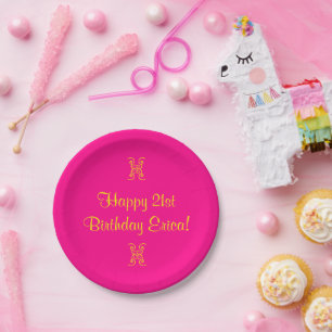 Birthday Pink Yellow 21st (Age) Erica (Name) Paper Plate