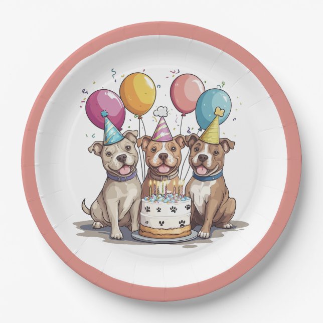 Birthday Pit Bull Dogs Paper Plate (Front)