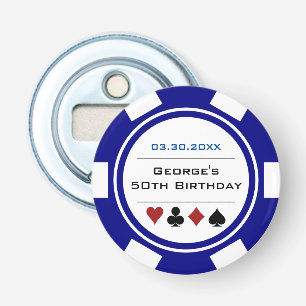 Birthday Poker Chip Casino Theme Navy Blue White Bottle Opener