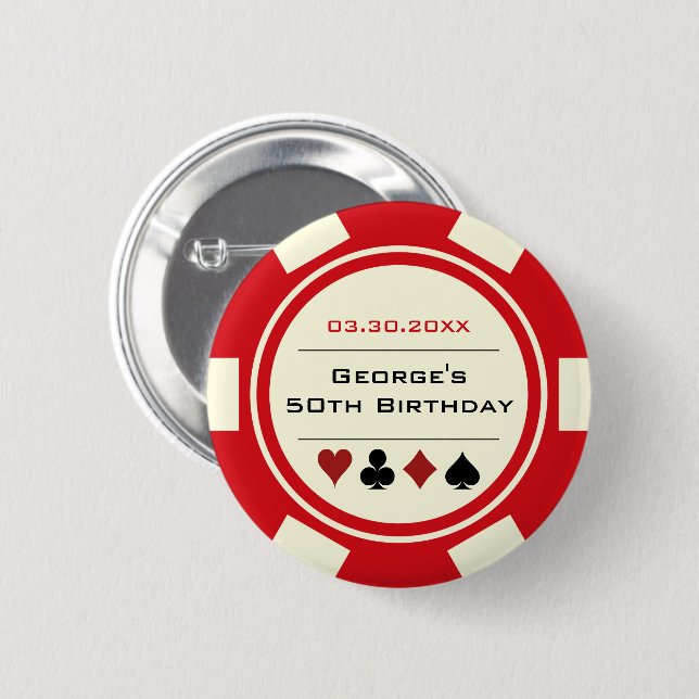 Birthday Poker Chip Casino Theme Red Cream 2 Inch Round Button (Front & Back)