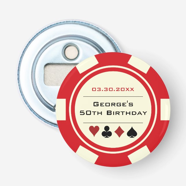 Birthday Poker Chip Casino Theme Red Off White Bottle Opener (Front)