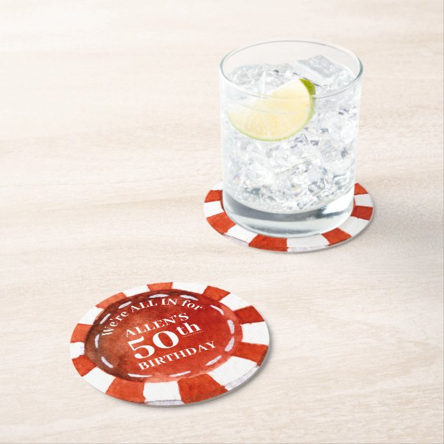 Birthday Poker Chip Red White Personalized Round Paper Coaster (Insitu)