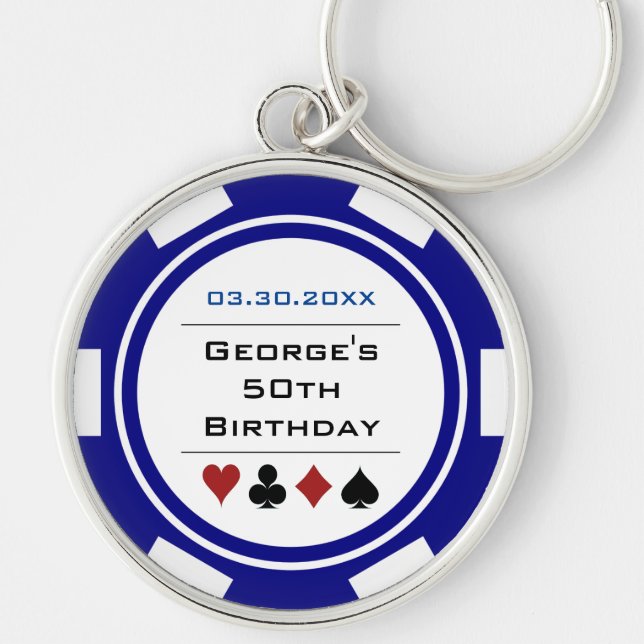 Birthday Poker Chip Vegas Theme Navy Blue White Keychain (Front)