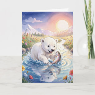 Birthday Polar Bear Cub Playing with a Fish Card