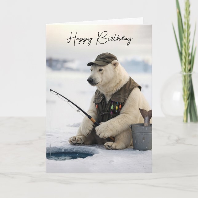 Birthday Polar Bear Ice Fishing Card (Front)