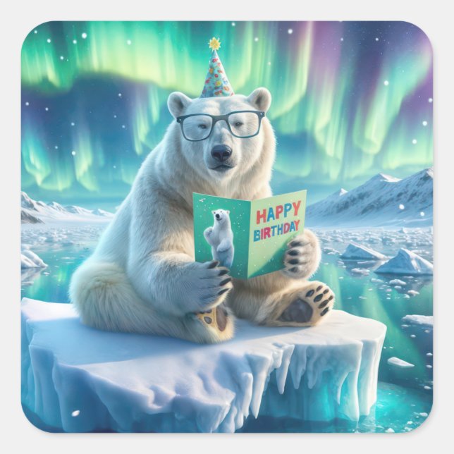 Birthday Polar Bear On an Iceberg Square Sticker (Front)