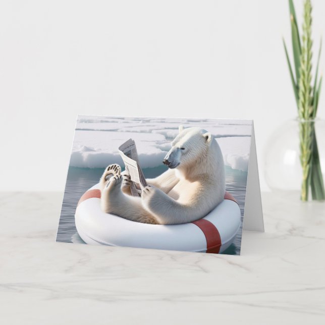 Birthday Polar Bear Reading a Newspaper Card (Front)