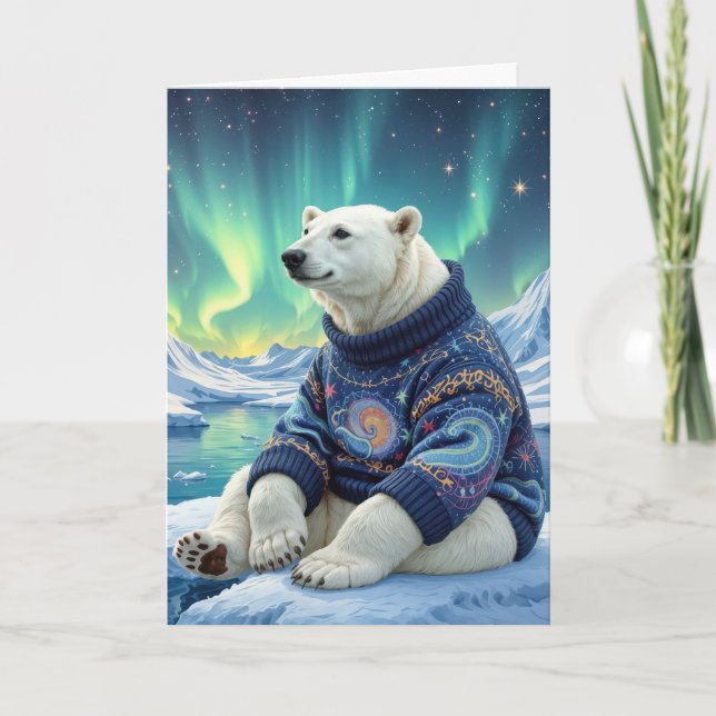 Birthday Polar Bear Sitting Under Northern Lights Card (Front)