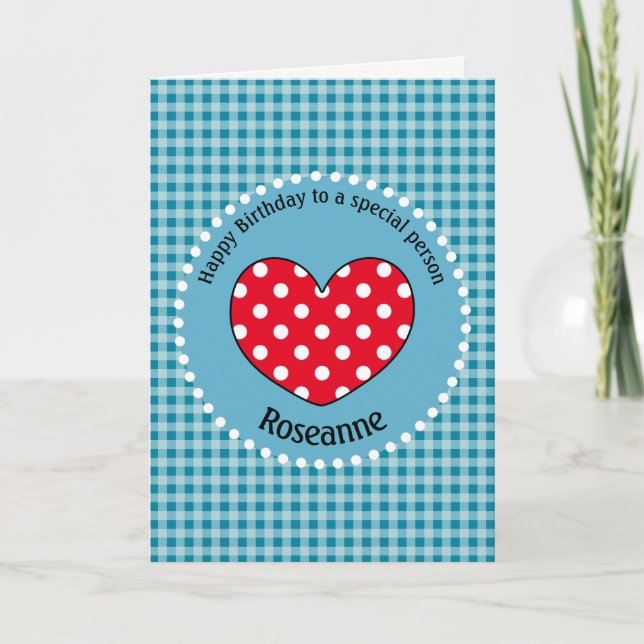 Birthday Polka Dot Love Heart Gingham Personalized Card (Front)